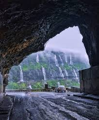Malshej Ghat road tunnel and waterfalls view